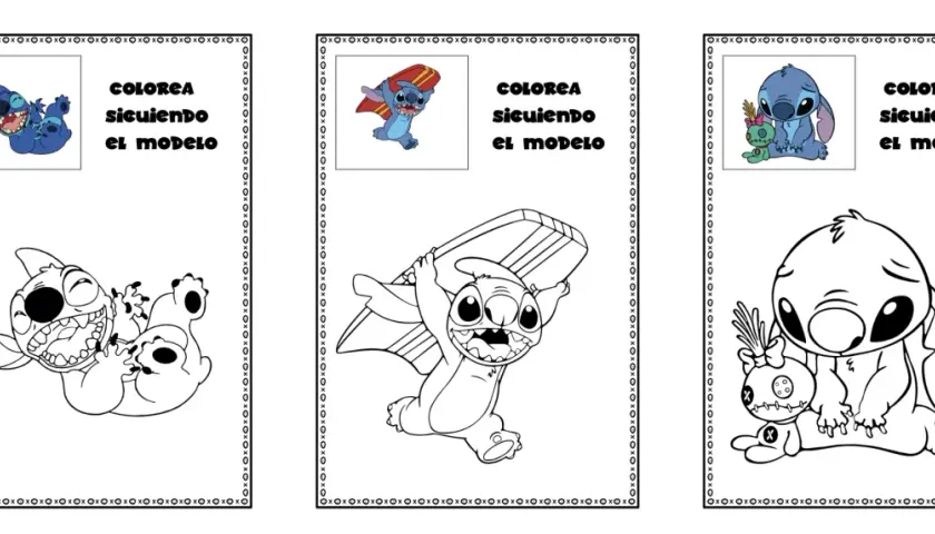 Dibujos para colorear de Stitch: tres escenas de Stitch, una riendo, otra con tabla de surf y una triste con muñeco.