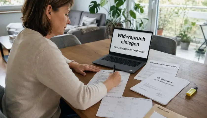 Frau schreibt Widerspruch gegen die Einstufung des Pflegegrads. Auf dem Laptop steht "Widerspruch einlegen".