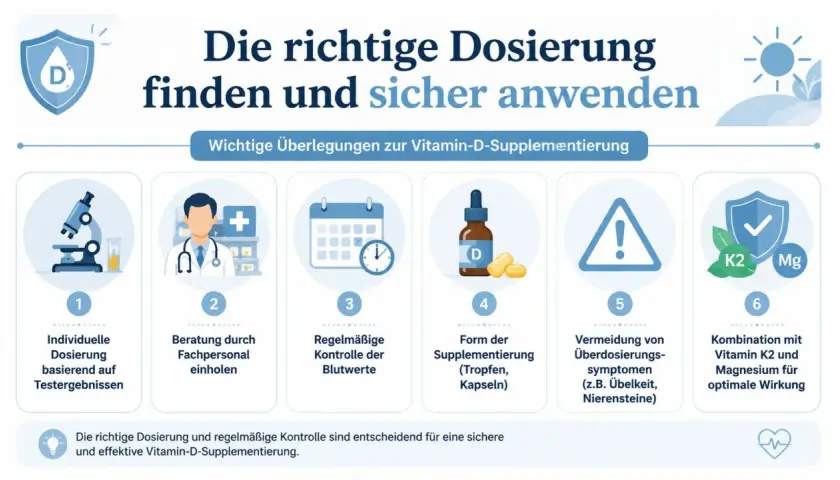 Die richtige Vitamin-D-Dosierung hängt von Testergebnissen ab. Regelmäßige Blutkontrollen und Fachberatung helfen, wie lange es dauert, bis ein Vitamin D-Mangel behoben ist.