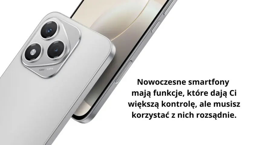 Srebrny smartfon z potrójnym aparatem 108MP. Nowoczesne funkcje dają kontrolę, ale pamiętaj o rozsądnym korzystaniu z harmony os.