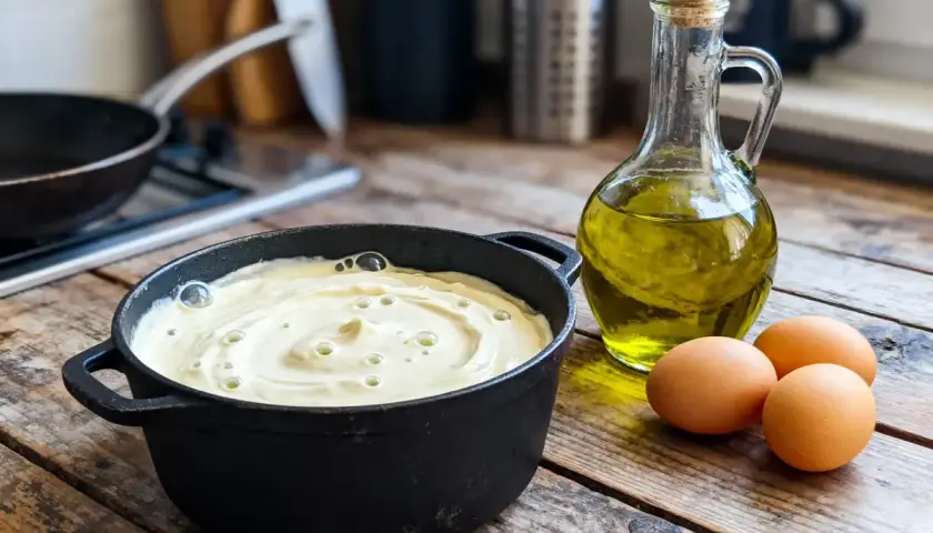 Préparation d'une mayonnaise maison avec des œufs frais et de l'huile d'olive.