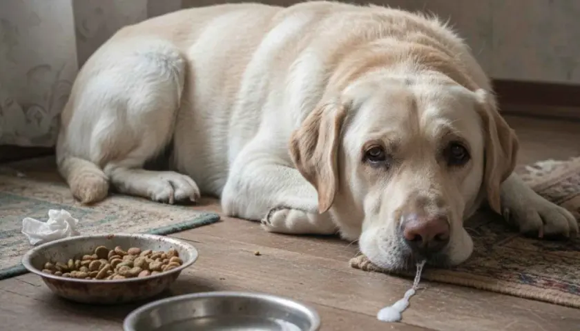 Labrador con espuma en la boca, cerca de su plato de comida. Podría ser uno de los tipos de vómitos en perros.