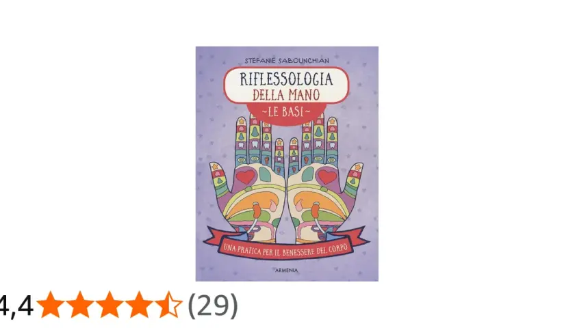Illustration of two hands with colorful reflexology zones, book title "Riflessologia della Mano".