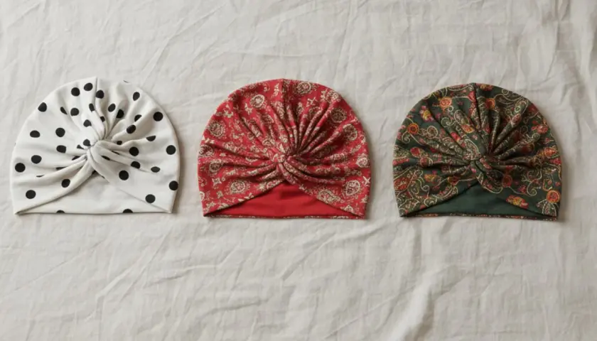 Trzy turbany dla dziewczynki: biały w czarne kropki, czerwony i zielony w orientalne wzory. Wykrój na turban dla dziewczynki.