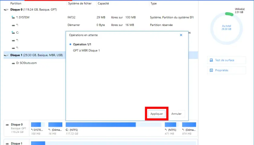 Interface EaseUS Partition Master montrant comment initialiser un disque dur. Une opération "GPT à MBR Disque 1" est en attente, prête à être appliquée.