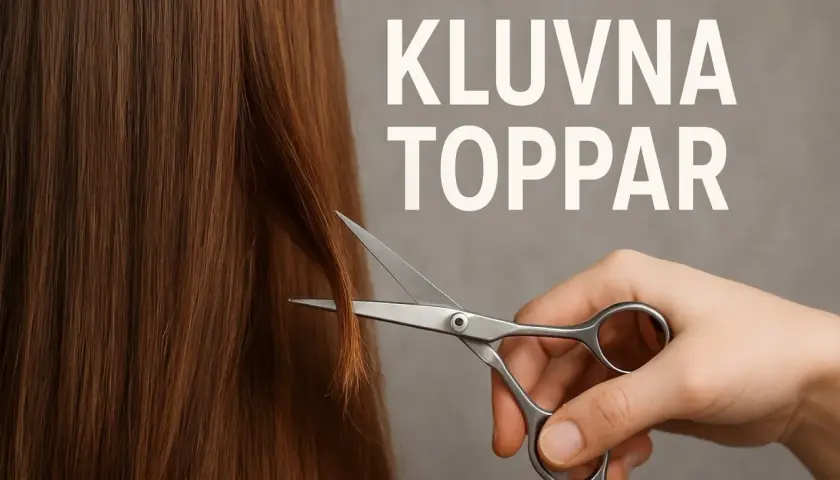 En hand klipper bort kluvna toppar från långt, brunt hår med en sax.