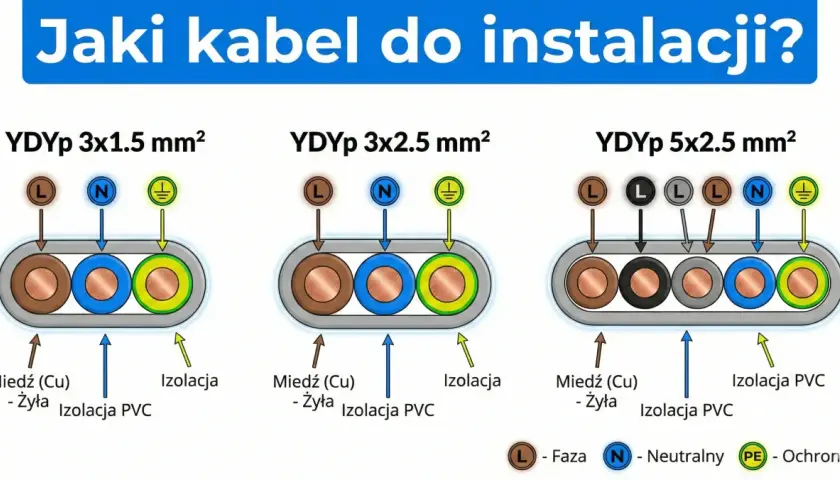 Ilustracja pokazuje jakie kable do gniazdek wybrać: YDYp 3x1.5 mm², YDYp 3x2.5 mm² i YDYp 5x2.5 mm², z oznaczeniami fazy, neutralnego i ochronnego.