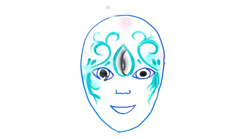 Disegno di un volto con trucco unicorno bimba facile: occhi grandi, terzo occhio e decorazioni azzurre.