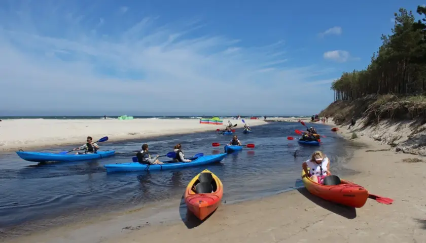 Kajaki płynące rzeką w Piaśnicy Dębki. Słoneczny dzień, piaszczysta plaża i las sosnowy w tle.