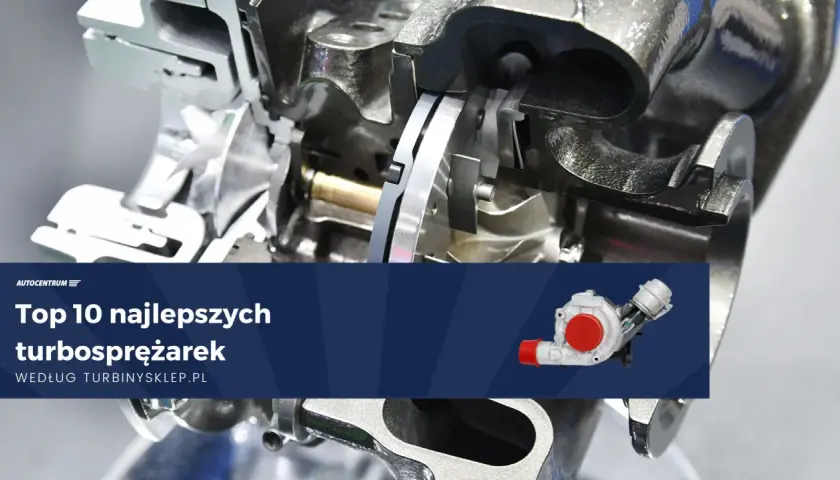 Przekrój turbosprężarki, prezentujący jej wewnętrzne mechanizmy. Artykuł omawia różne rodzaje turbosprężarek.