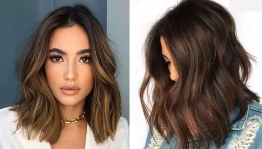 Dwie kobiety prezentują modną fryzurę long bob z subtelnymi refleksami.