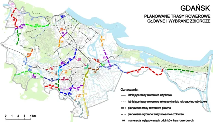 Mapa planowanych tras rowerowych w Gdańsku, z zaznaczoną ścieżką na wyspie sobieszewskiej rowerem.