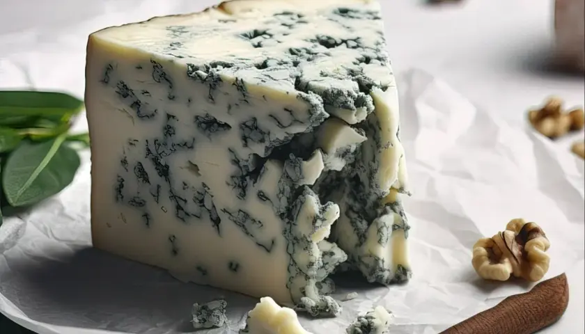 Kawałek sera gorgonzola, co to za przysmak? Kremowy, z niebieskimi żyłkami, obok orzechy włoskie i listki.