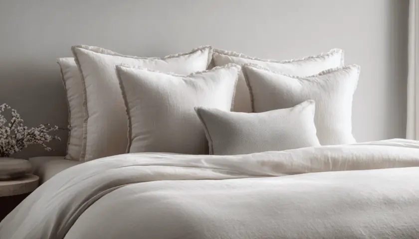 A bed with a duvet and several pillows, including what is a standard sham, all in neutral tones.