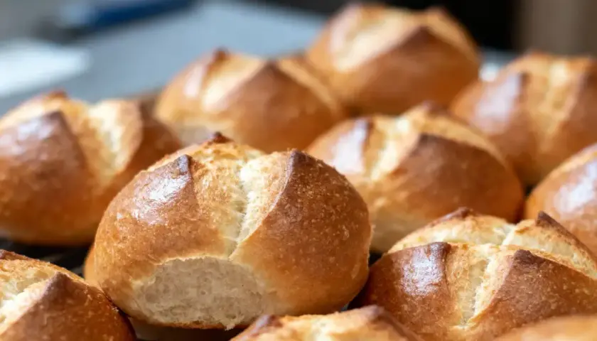 Une fournée de petits pains allemands dorés et croustillants, prêts à être dégustés.