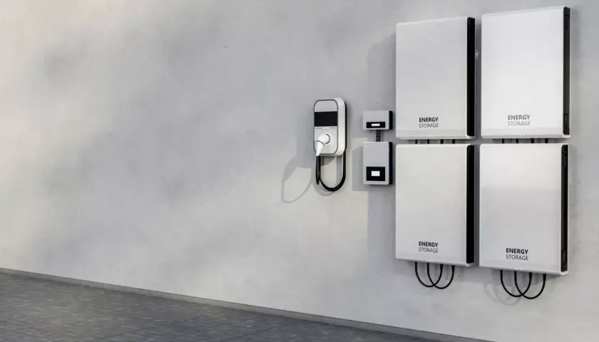 Cztery białe moduły magazynowania energii "ENERGY STORAGE" zamontowane na szarej ścianie obok ładowarki EV.