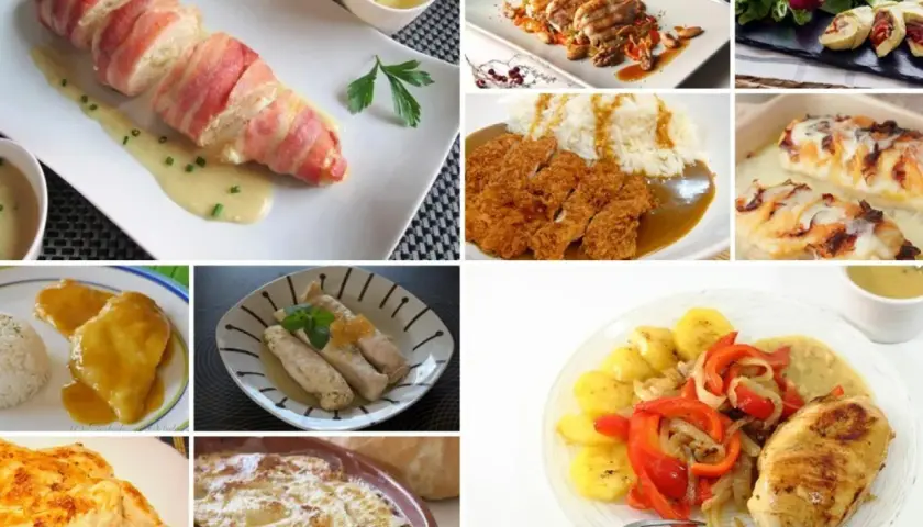 Variedad de platos con pechuga de pollo: envuelta en bacon, empanada, a la parrilla con verduras, gratinada y más.