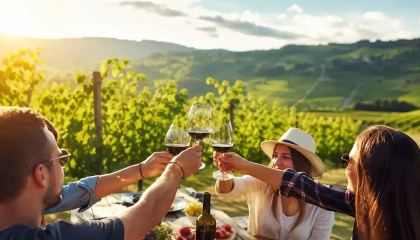 Amici brindano con calici di vini oltrepò pavese in un vigneto al tramonto, tra colline verdi e sole dorato.