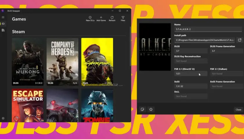 DLSS Swapper zeigt Spiele wie Cyberpunk 2077 und S.T.A.L.K.E.R. 2. Die rechte Seite listet DLSS-Versionen und andere Upscaling-Technologien auf.