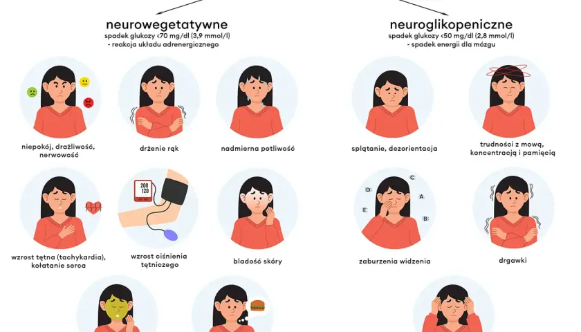 Ilustracja pokazuje objawy hipoglikemii reaktywnej: niepokój, drżenie, poty, splątanie, trudności z mową, zaburzenia widzenia, nudności, głód, a nawet utratę przytomności.