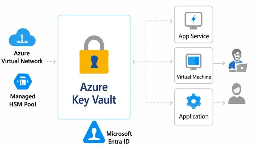 Schéma montrant comment Azure Key Vault sécurise les applications, les machines virtuelles et les services via Microsoft Entra ID.
