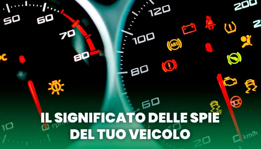 Cruscotto con spie auto accese: batteria, ABS, airbag, controllo stabilità, motore. Impara il significato delle spie per guidare sicuro.
