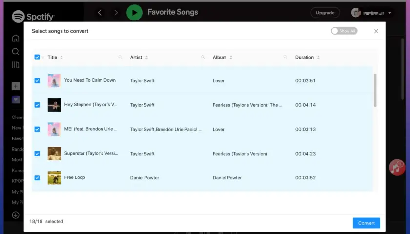 Wybieranie ulubionych utworów do konwersji, pokazujące, czym jest Spotify i jak można zarządzać swoją muzyką.