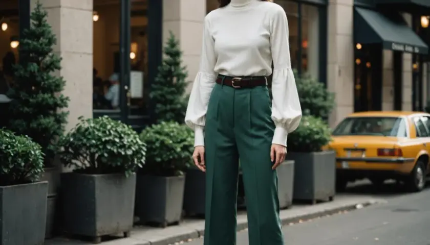 Eleganckie spodnie na szerokie uda w kolorze butelkowej zieleni, zestawione z białą bluzką z bufiastymi rękawami.
