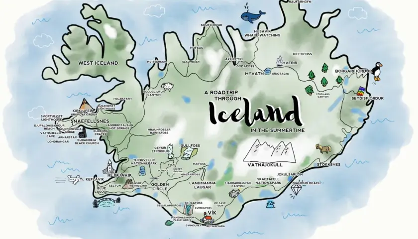 Eine Karte von Island mit vielen Sehenswürdigkeiten für einen Roadtrip.