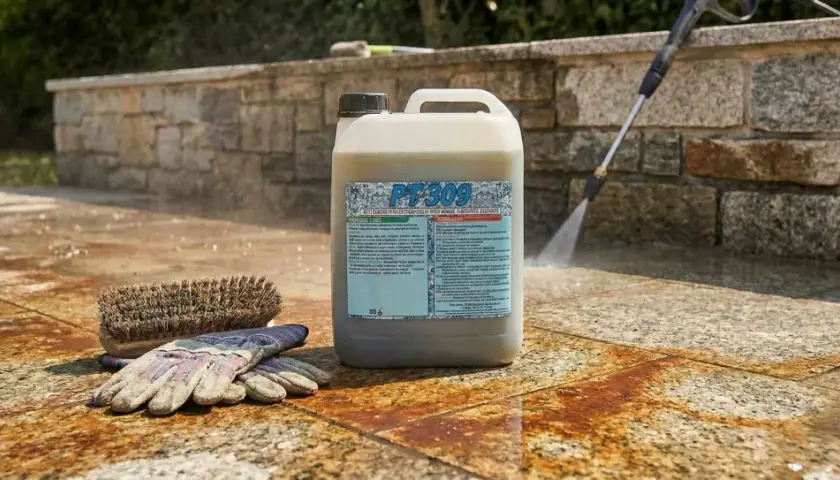 Flacone di detergente per pavimenti, spazzola e guanti pronti per sgrassare il pavimento con idropulitrice.