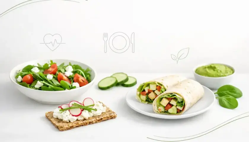 Zdrowa kolacja: dietetyczna tortilla z warzywami, sałatka i pasta z awokado. Idealny posiłek dla dbających o linię.