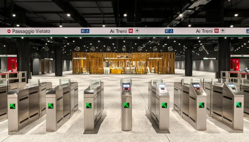 Cancelli automatici di una moderna stazione metro a Roma, con indicazioni per le fermate e i treni.