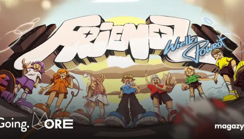 Ilustracja z napisem "Friendz Wielki Powrót" i grupą dzieci w stylu anime.