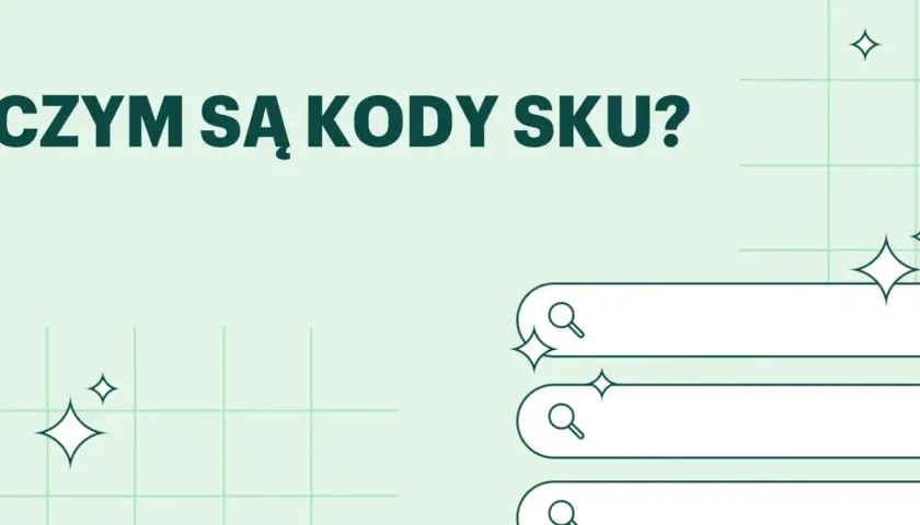 Czym są kody SKU? Grafika przedstawia pytanie o kody SKU, z ikonami wyszukiwania i błyszczącymi elementami.