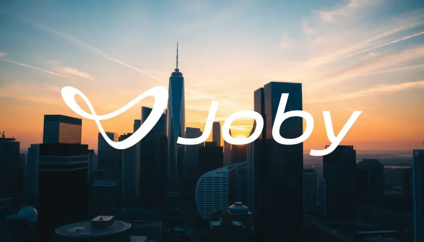 Sonnenuntergang über einer Skyline mit dem Schriftzug "Joby". Die Joby Aviation Aktie könnte bald abheben.