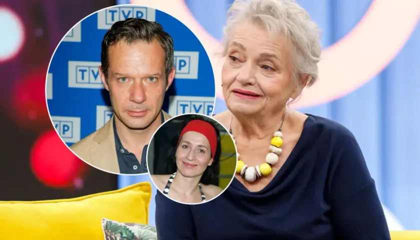Anna Seniuk z synem Grzegorzem i jego żoną. Wizerunki bliskich w kolażu.