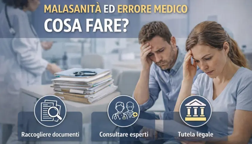 Coppia preoccupata per malasanità ed errore medico. Tre icone: raccogliere documenti, consultare esperti, tutela legale.