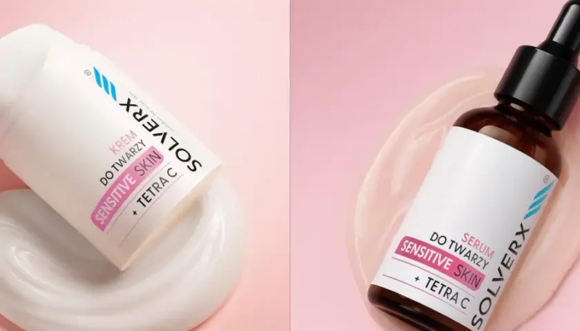 Krem i serum do twarzy SOLVERX z tetraizopalmitynianem askorbylu dla skóry wrażliwej, prezentowane na różowym tle z emulsją.