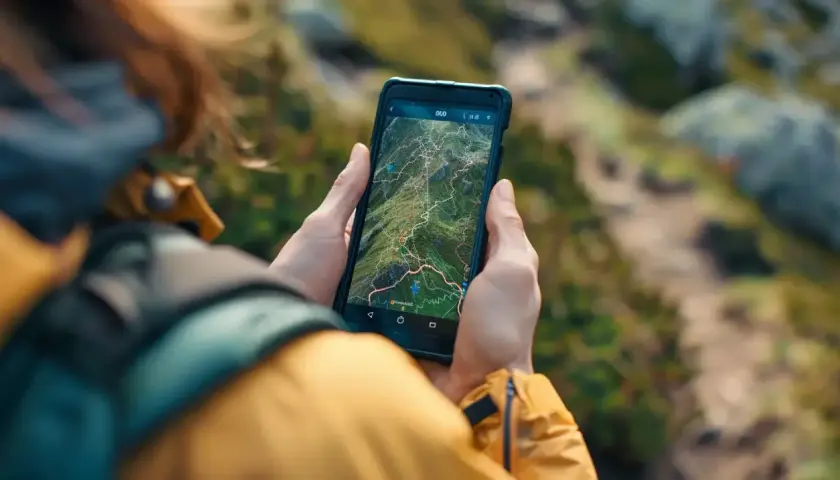 Ręce trzymają smartfon z mapą szlaków. Ta aplikacja w góry pomoże Ci zaplanować trasę i nie zgubić się wśród zielonych zboczy.