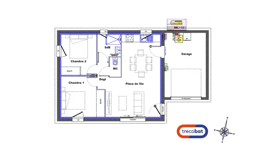 Plan de garage accolé à la maison, comprenant deux chambres, une pièce de vie, une salle de bain, un WC et un garage.
