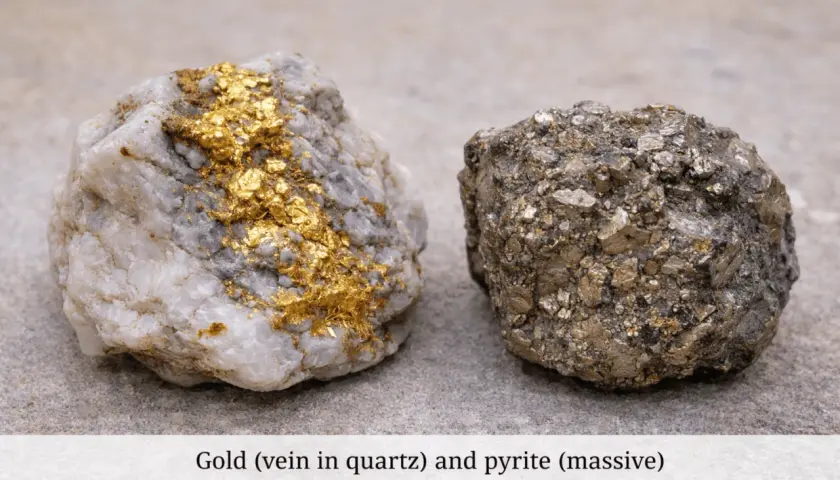 Zwei Gesteinsbrocken liegen nebeneinander. Einer zeigt glänzende Goldadern in weißem Quarz. Der andere ist ein dichter, metallisch schimmernder Pyrit, der oft als "Katzengold" bezeichnet wird, weil er so täuschend echt aussieht.