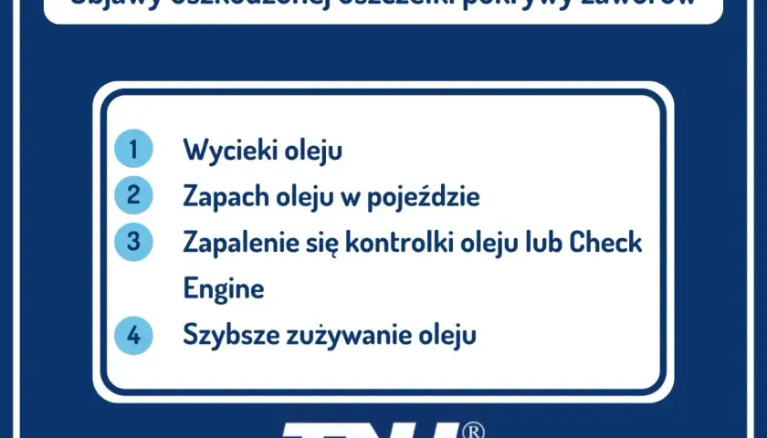 Objawy uszkodzonej uszczelki pod pokrywą zaworów: wycieki oleju, zapach oleju, kontrolka oleju, szybsze zużycie oleju.