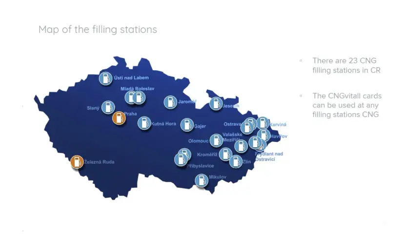 Mapa stacji CNG w Czechach. Znajdź punkty, gdzie tankować cng, od Pragi po Ostrawę.