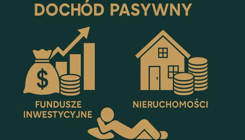 Grafika przedstawia sposoby na przychód pasywny: fundusze inwestycyjne i nieruchomości. W tle leżąca postać symbolizuje relaks.