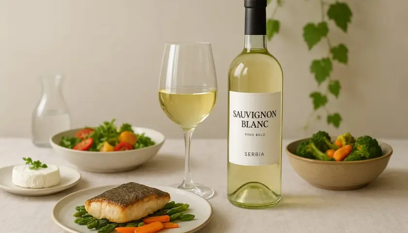 Ein Glas und eine Flasche Sauvignon Blanc auf Deutsch, serviert mit Fisch, Salat und Gemüse.