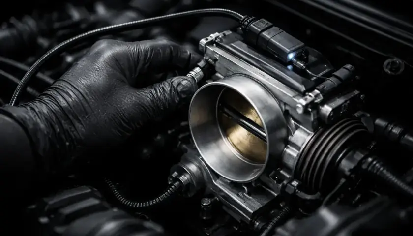 Mechanik w czarnej rękawiczce dokonuje adaptacji przepustnicy w silniku samochodowym.