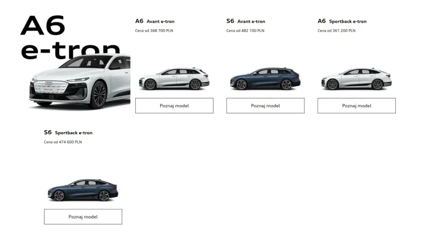Audi A6 e-tron i S6 Sportback e-tron w różnych wersjach nadwozia i kolorach. Wybierz swój wymarzony model Audi.