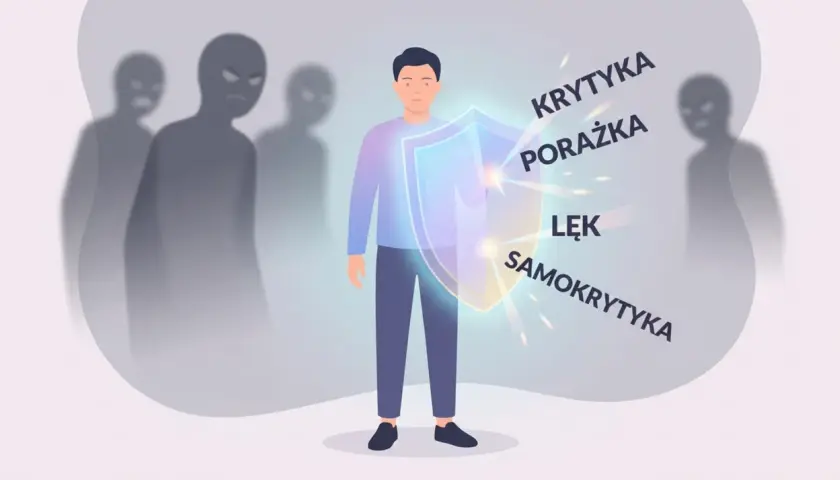 Mężczyzna z tarczą chroni się przed cieniami symbolizującymi krytykę, porażkę, lęk i samokrytykę. Brak cierpliwości w walce z nimi.