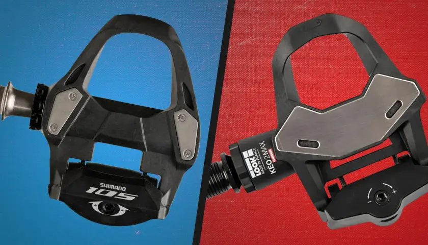 Comparing LOOK vs Shimano pedals: A close-up of a black Shimano 105 pedal on the left and a black LOOK KEO 2 MAX pedal on the right.
