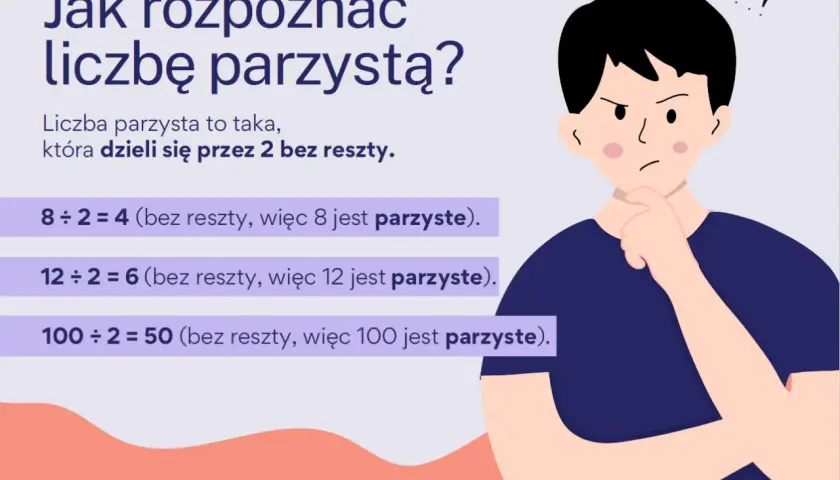 Chłopak zastanawia się, jak rozpoznać liczby parzyste. Przykład: 8 ÷ 2 = 4 (bez reszty).